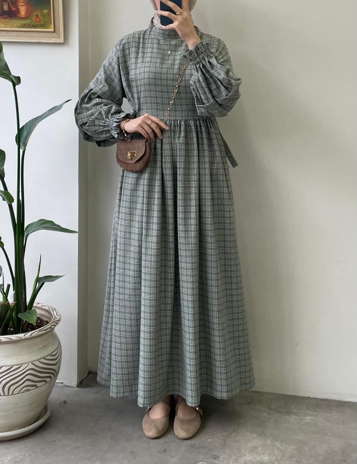 Ekose Desen Elbise - Yeşil