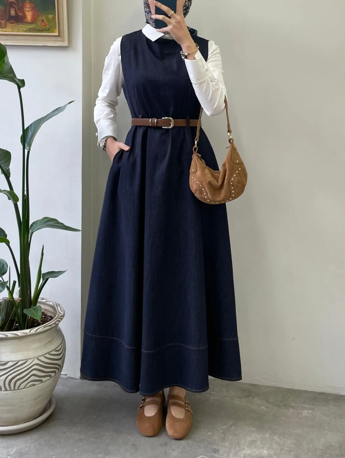 Deri Kemerli Denim Jile - Koyu Mavi