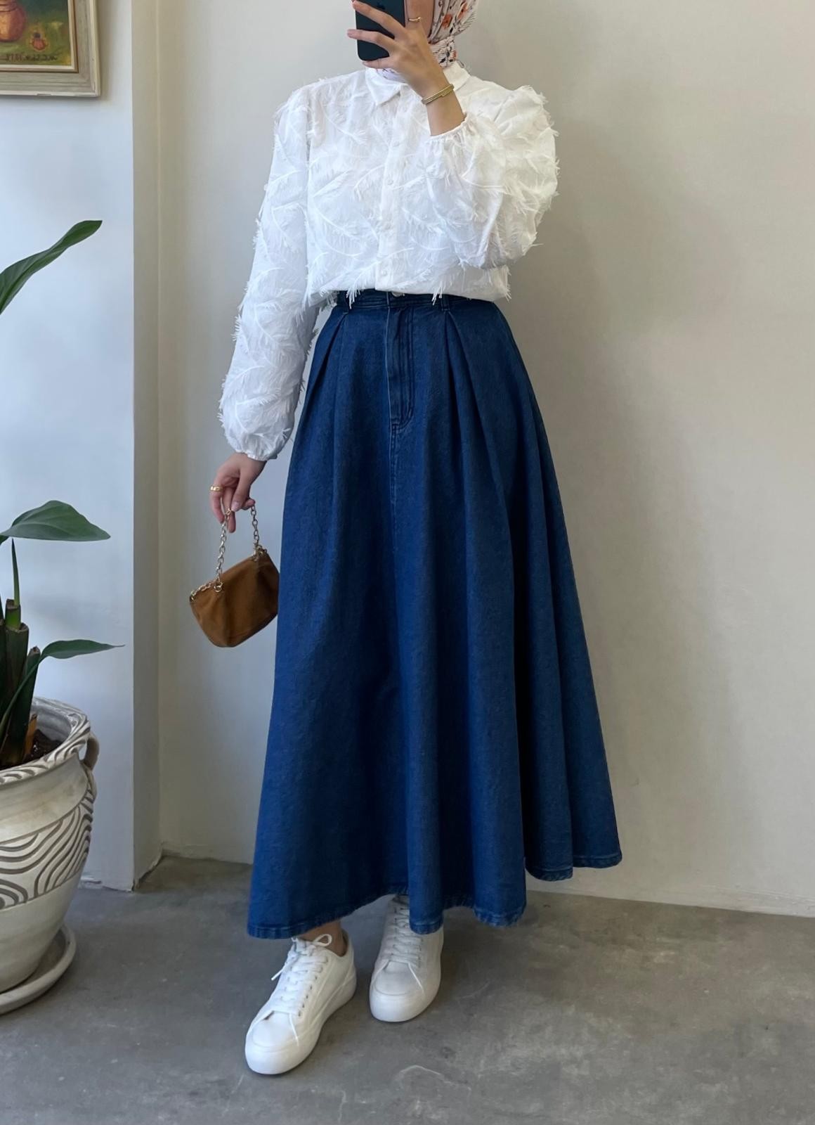 Pileli Denim Etek