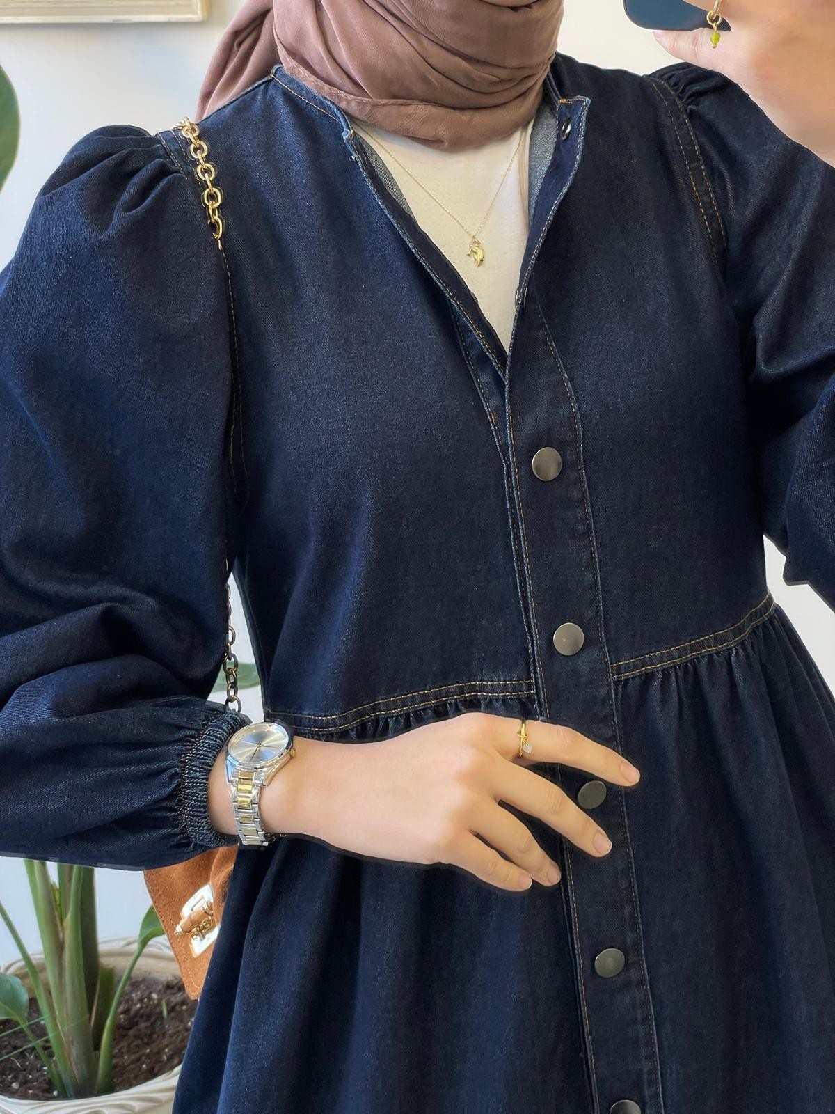 Düğmeli Denim Elbise