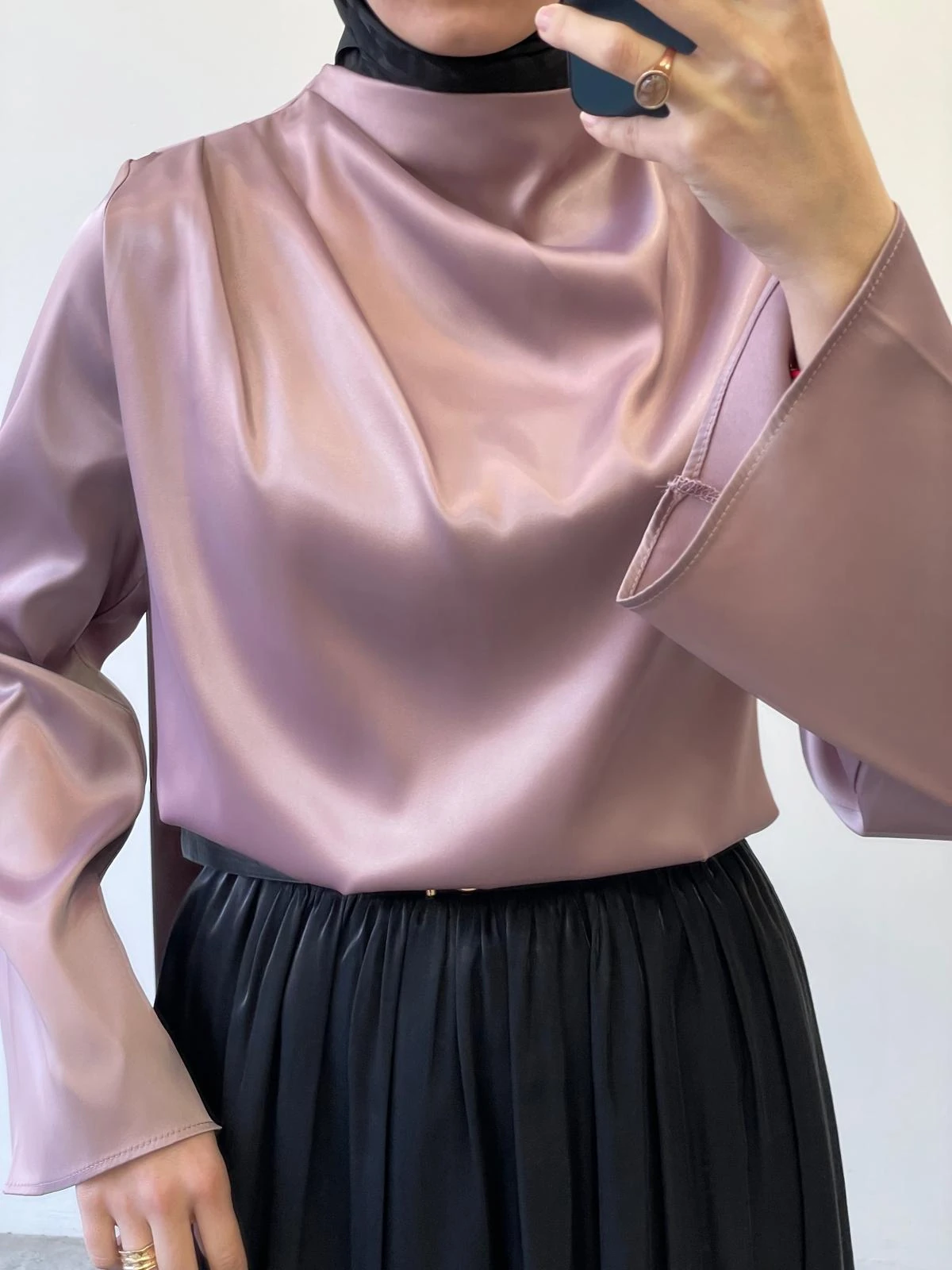 Rosa Saten Bluz - Koyu Pudra