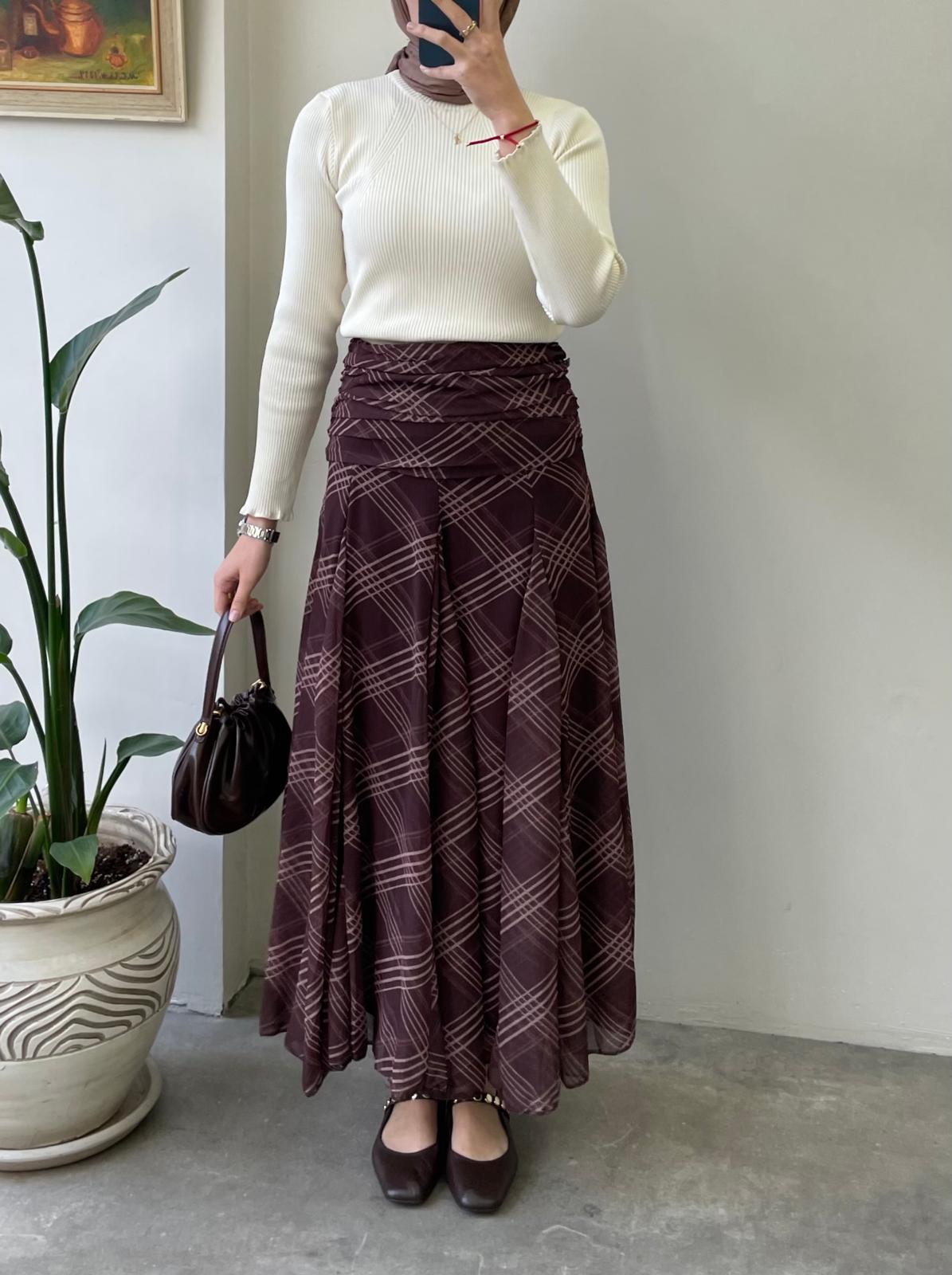 Bel Detay Desenli Etek - Kahverengi