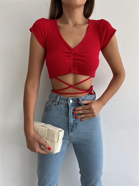 Bel İp Detay Büzgülü Crop Kırmızı