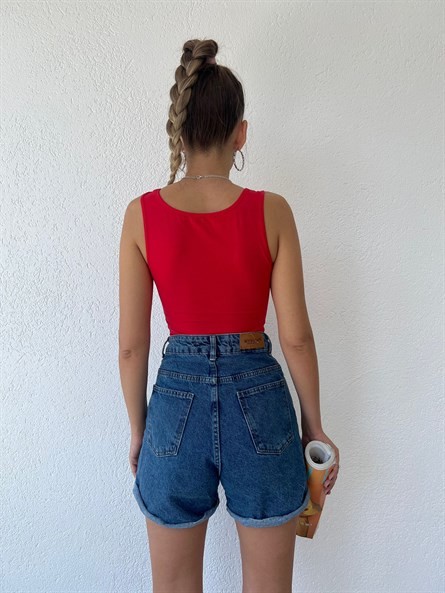 Kare Yaka Basic Bluz Kırmızı