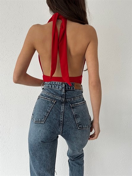 Boyun Bağlama Dekolte Bodysuit Kırmızı