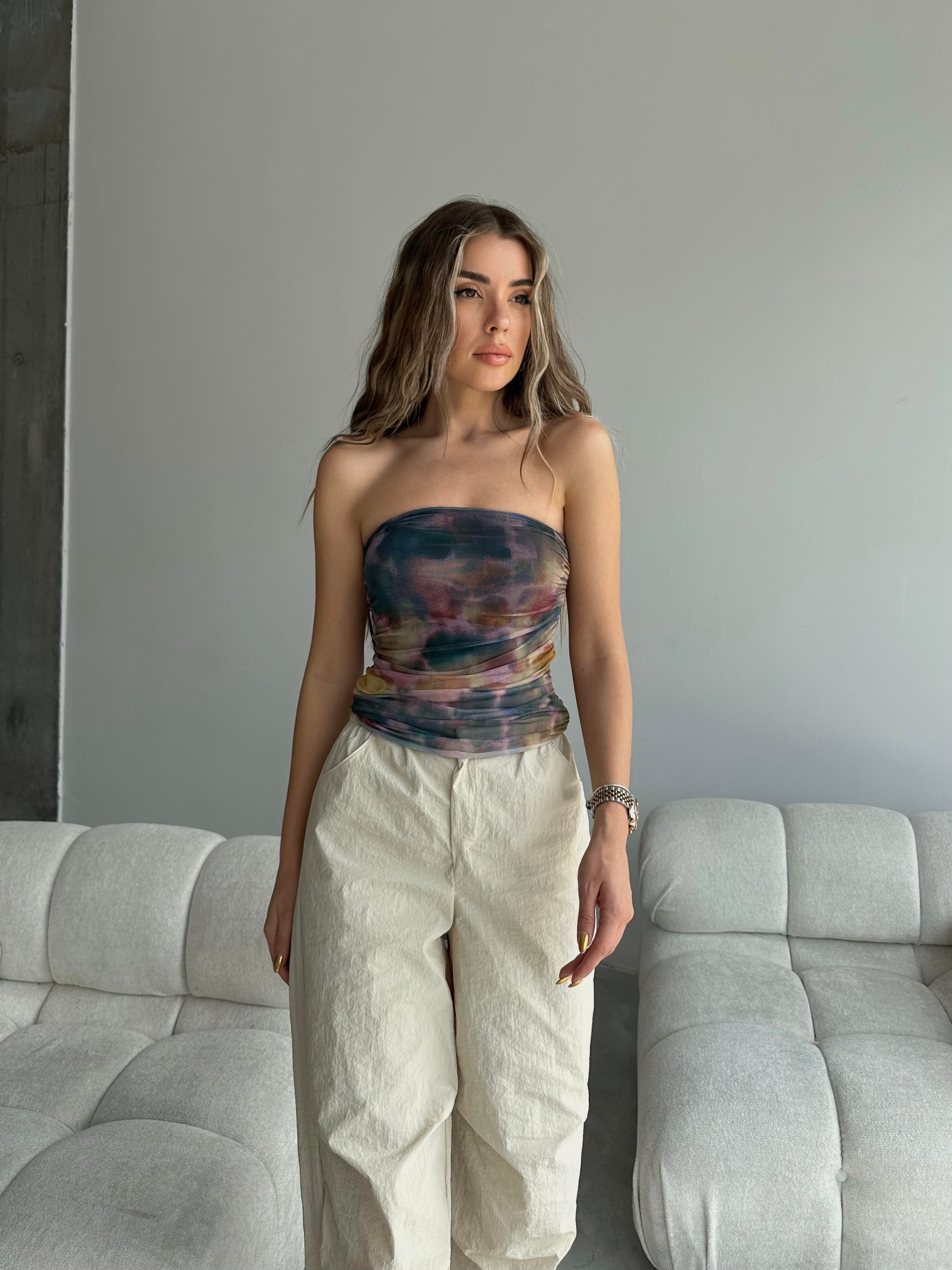 Amora Batik Straplez Büzgülü Crop Ebruli