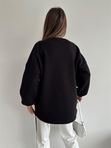 Wondroos Yan Yırtmaç Oversize Sweatshirt Siyah