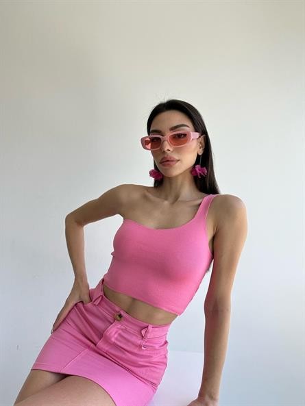 Tek Kol Triko Crop Pembe
