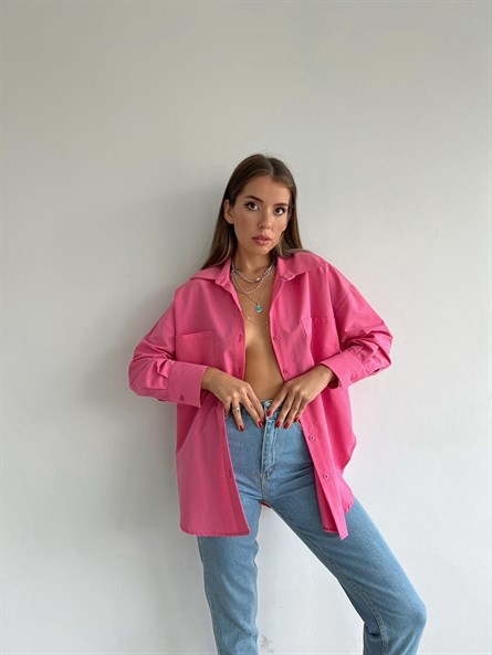 Sırt Yırtmaç Detay Oversize Poplin Gömlek Pembe