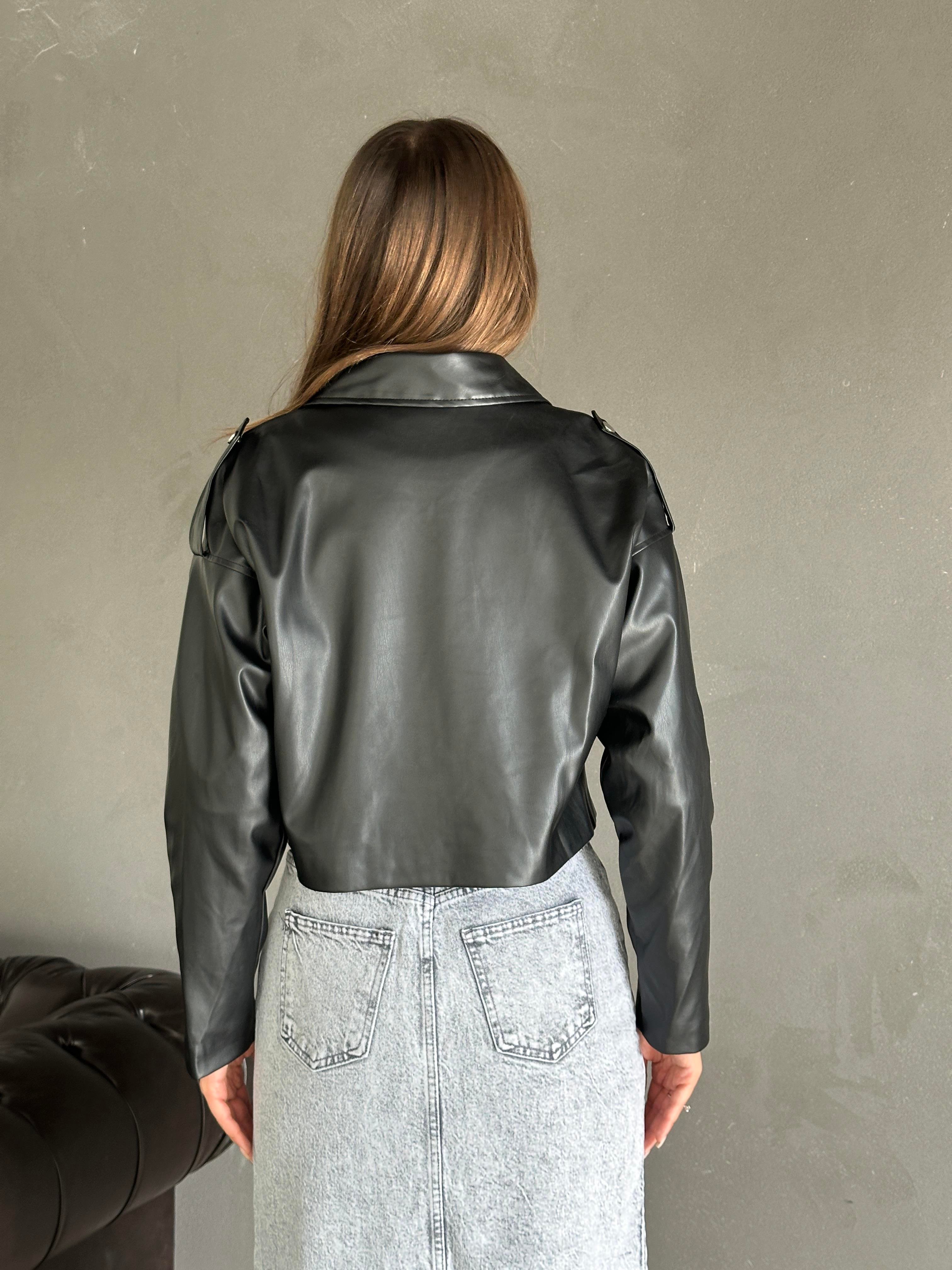 Fermuarlı Deri Crop Ceket Siyah