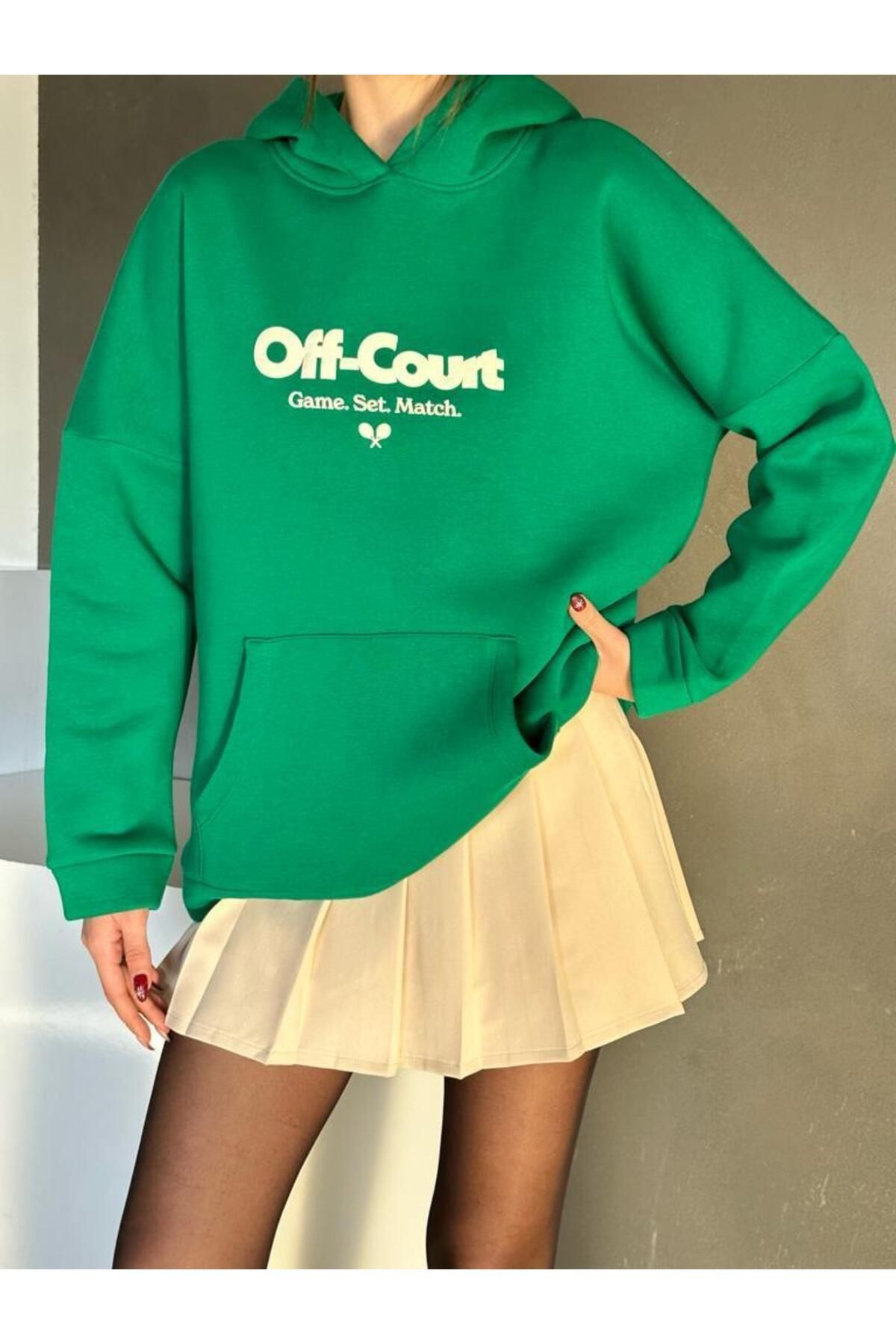 Off Court Baskı Kapüşonlu Sweat Yeşil