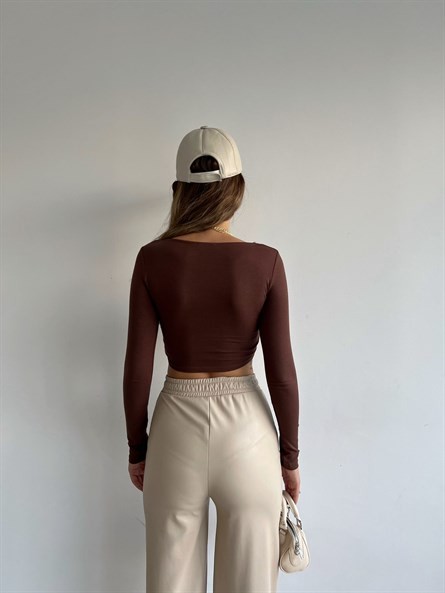 Be Happy Ön Burgu Croptop Kahverengi