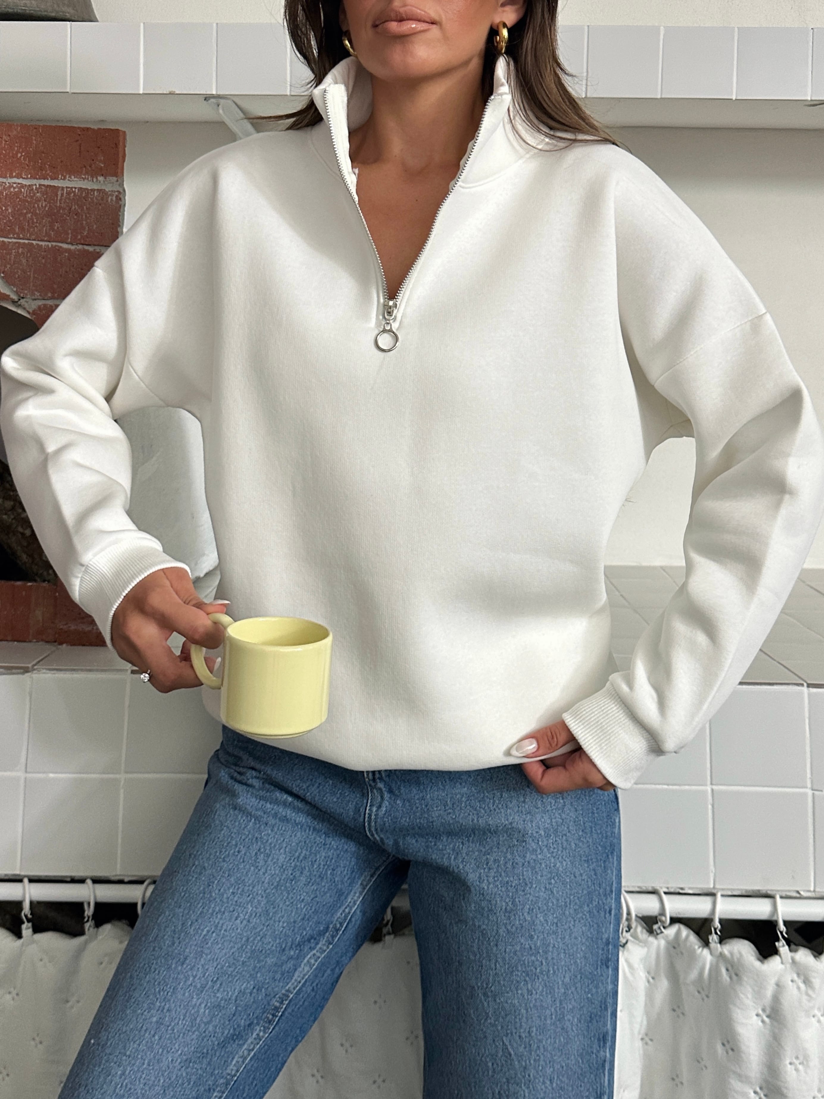 Yarım Fermuarlı Sweat - Beyaz