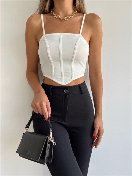 Sırt Fermuar Korse Askılı Crop Beyaz