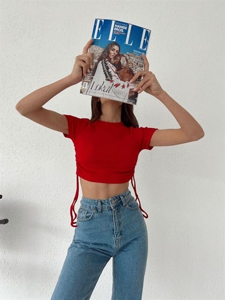 Yan Büzgü Bisiklet Yaka Crop Kırmızı