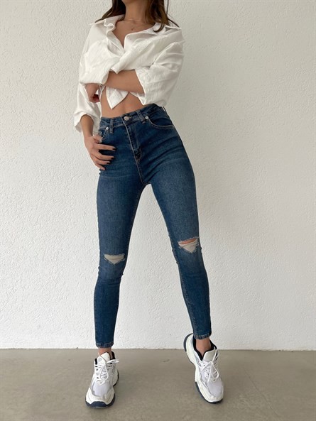 Diz Yırtık Yüksek Bel Skinny Jean Lacivert