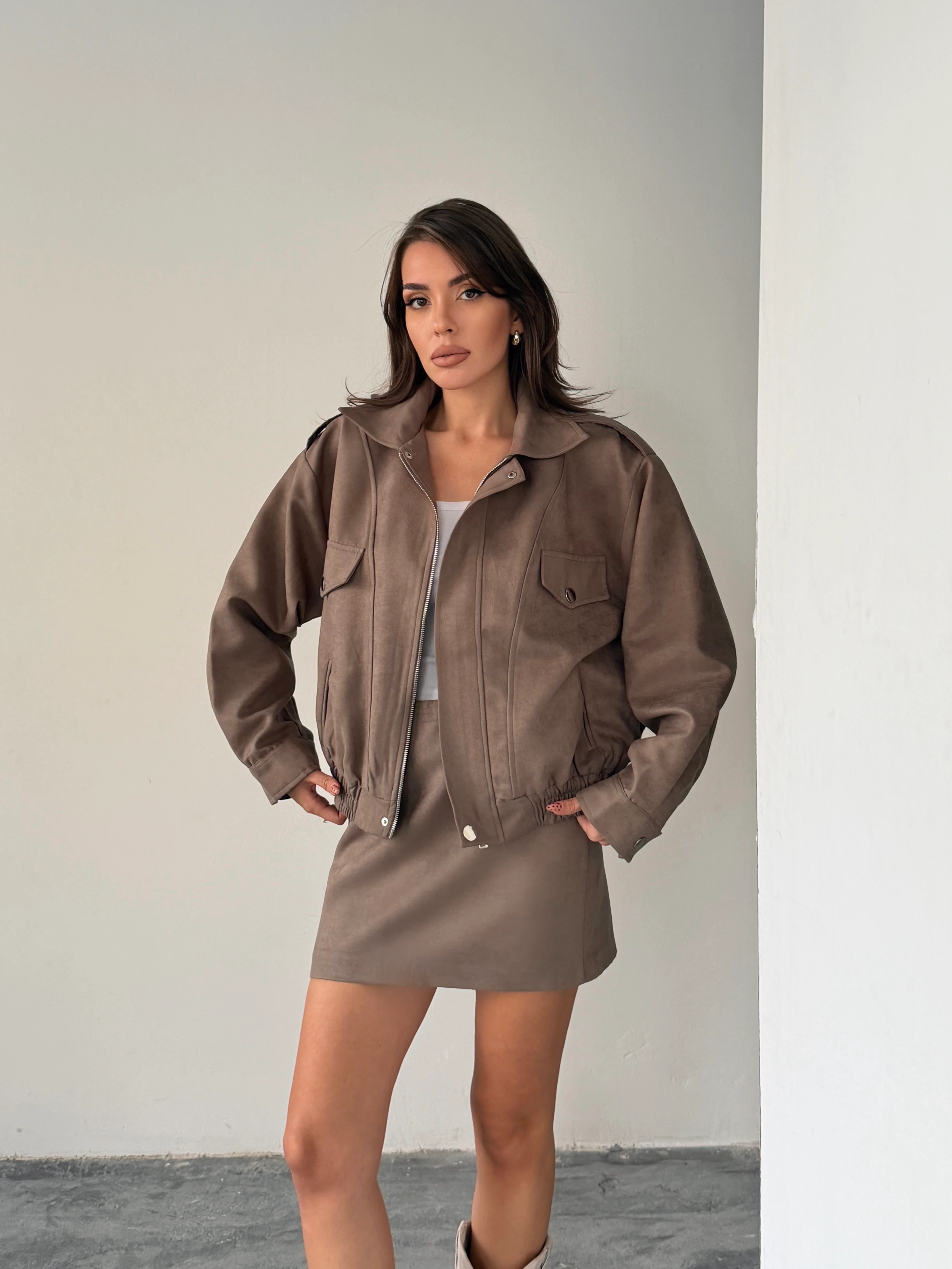 Süet Etek Ceket Takım  - Vizon