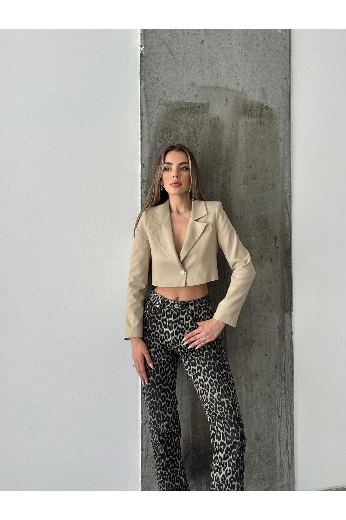 Tek Düğme Crop Blazer Bej