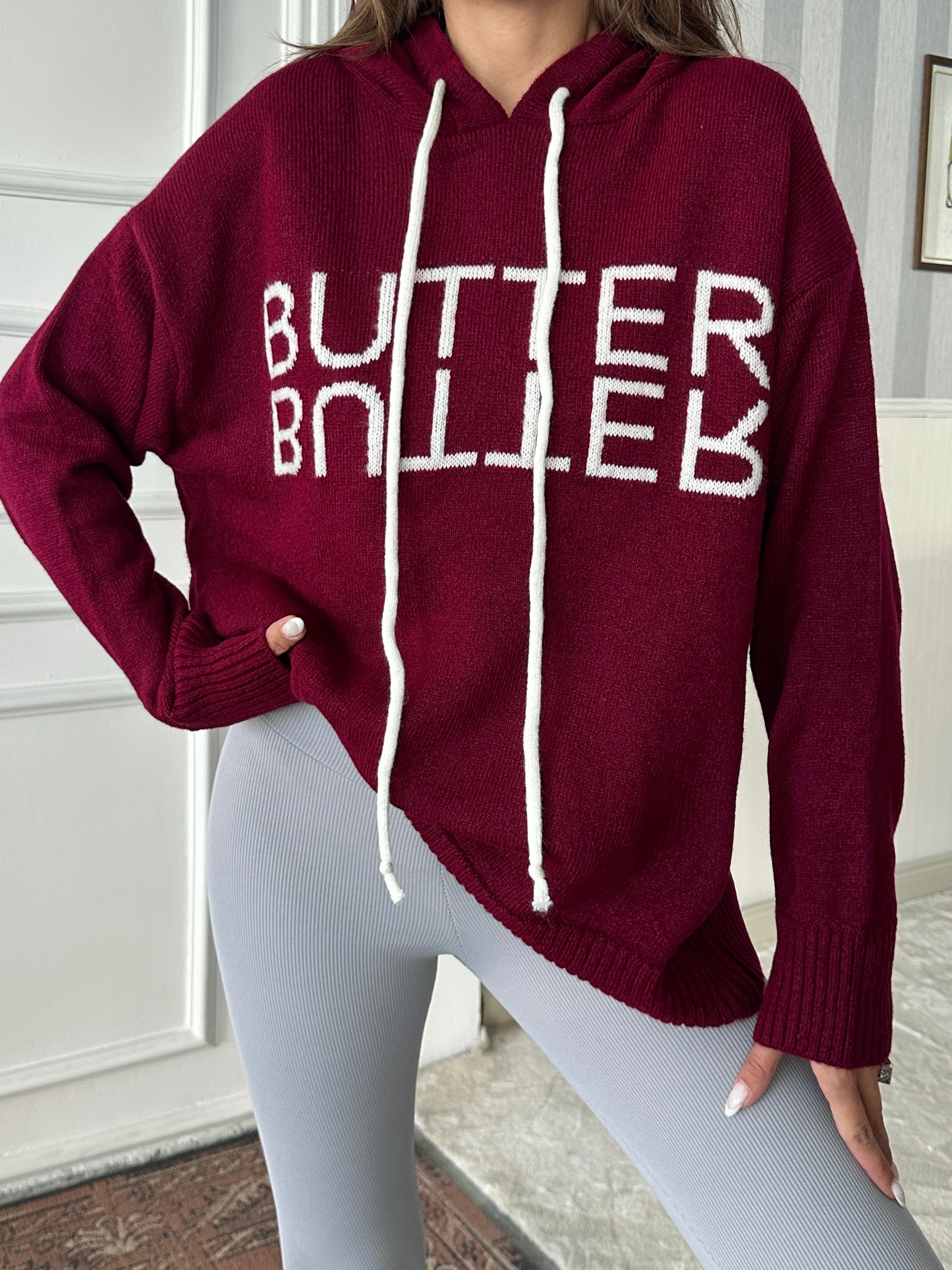 Kapüşonlu Butter Triko - Bordo