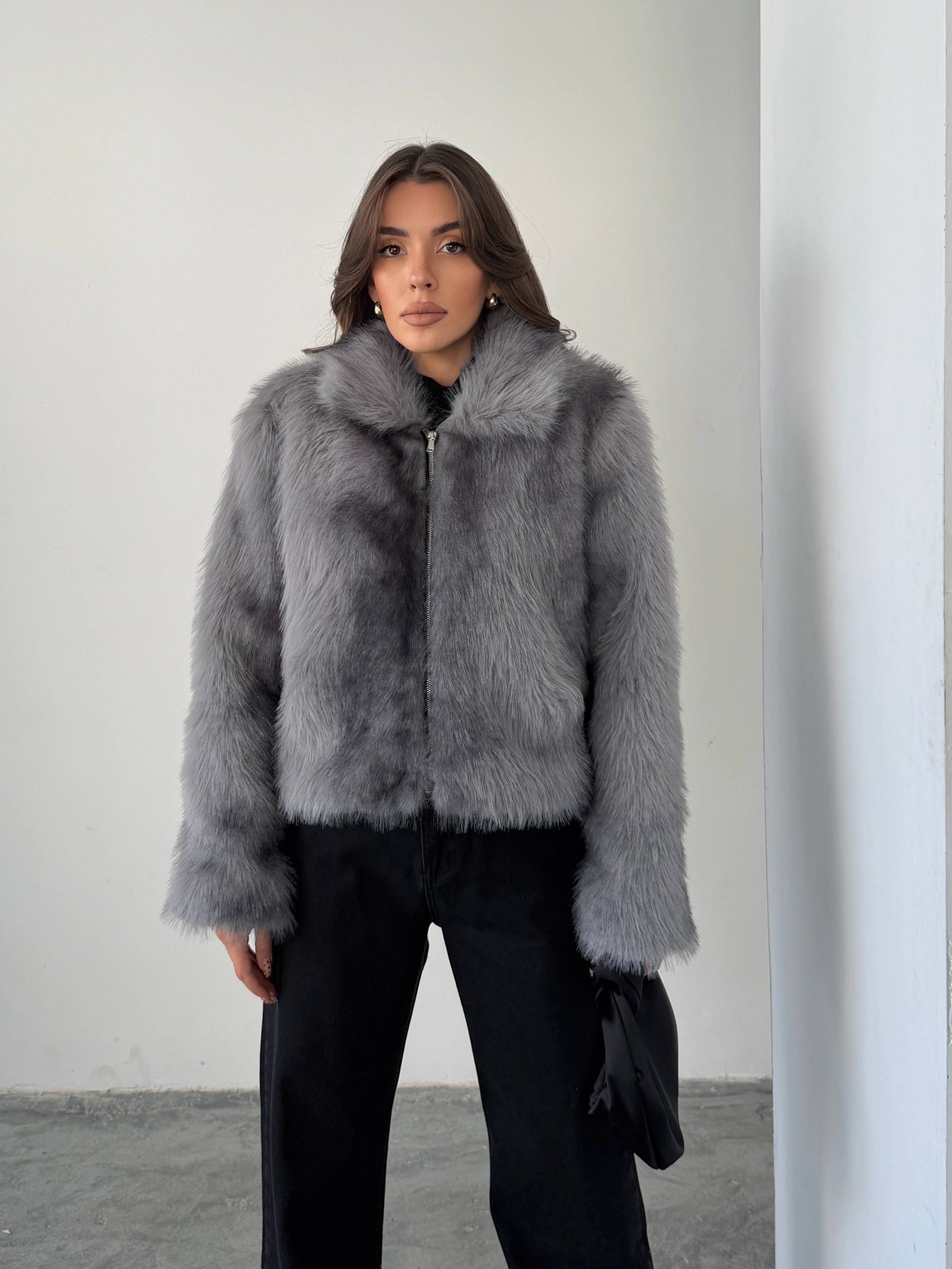 Fermuarlı Crop Kürk