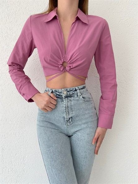 Halka Detay Crop Poplin Gömlek Gül Kurusu