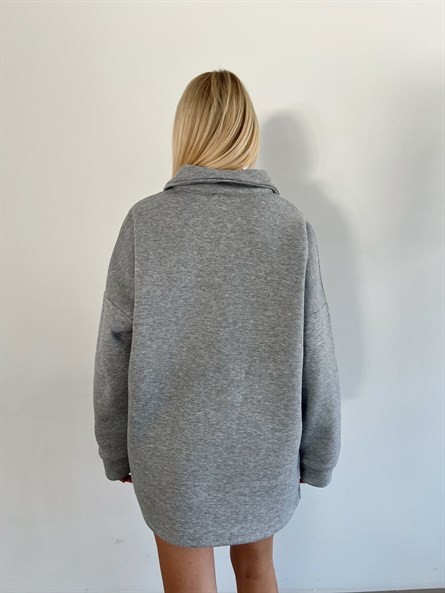 Polo Yaka Etiket Detay Sweatshirt Gri