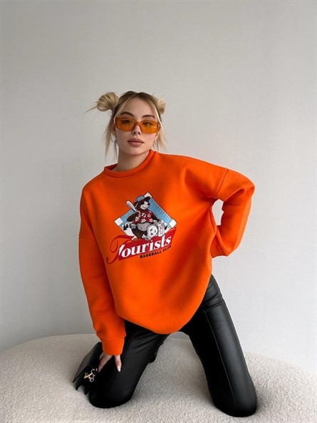 Tourists Baskı Oversize Sweatshirt Turuncu