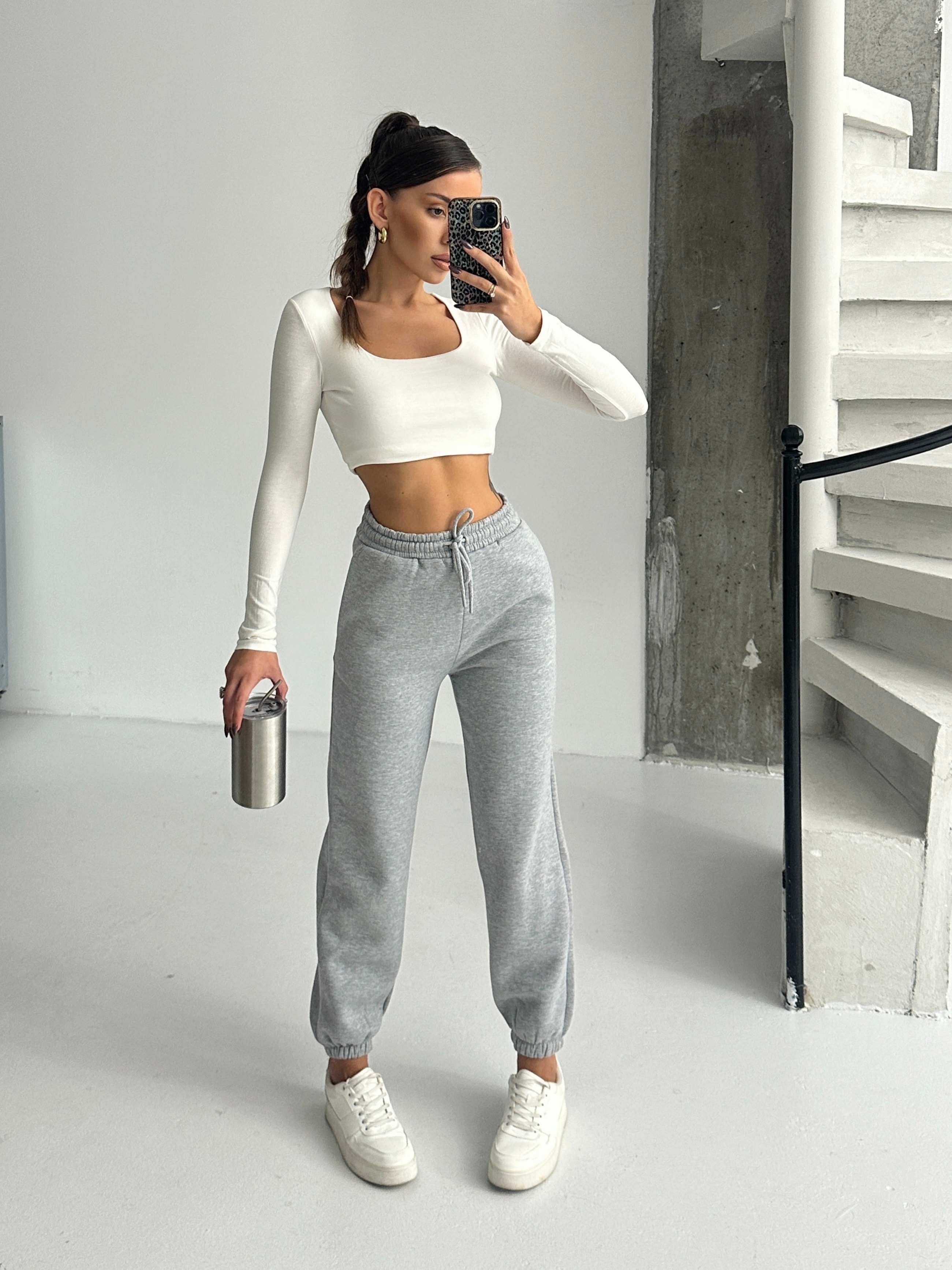 Bel Lastik Jogger Eşofman Gri Melanj