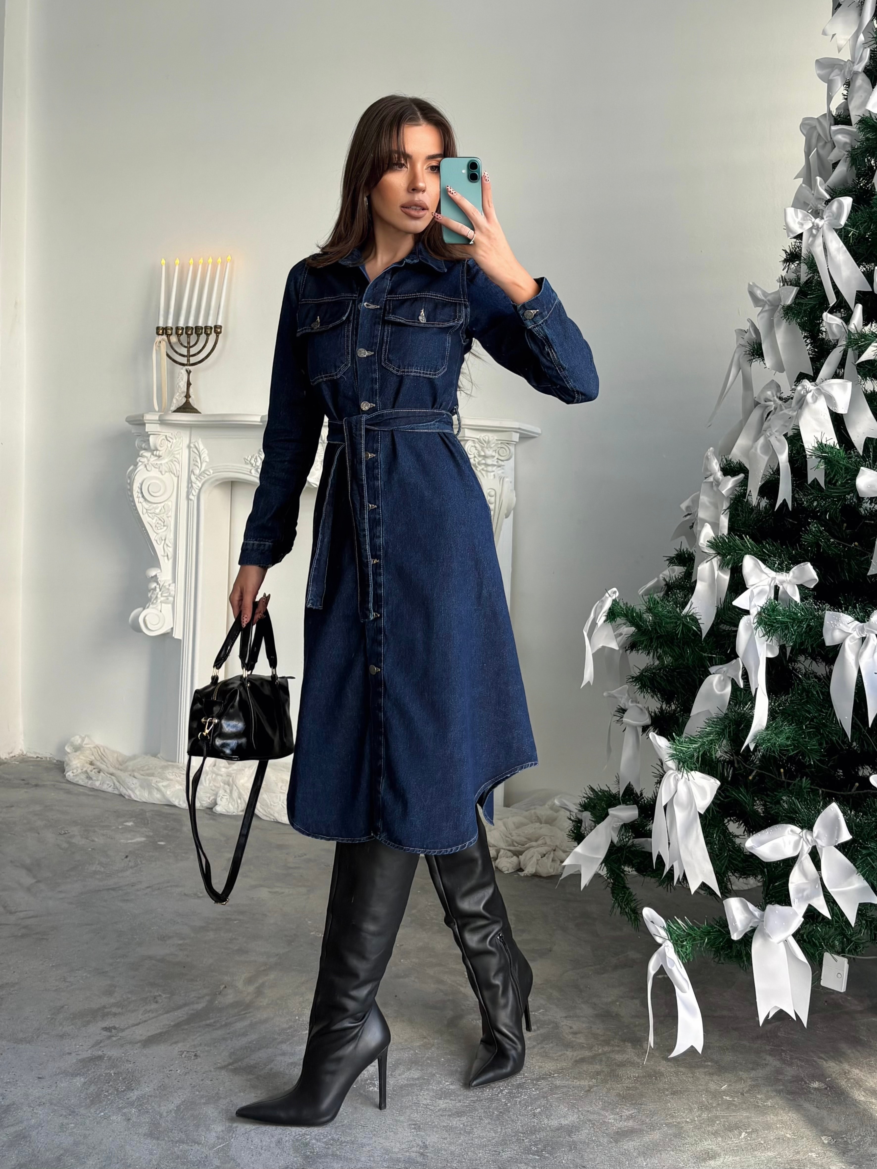 Kuşaklı Denim Elbise - Lacivert