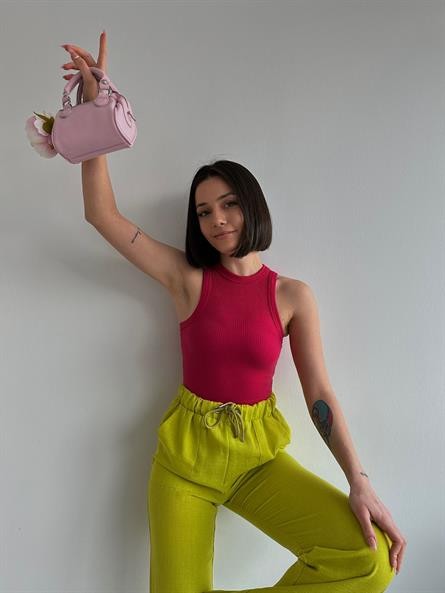 Halter Yaka Fitilli Crop Pembe