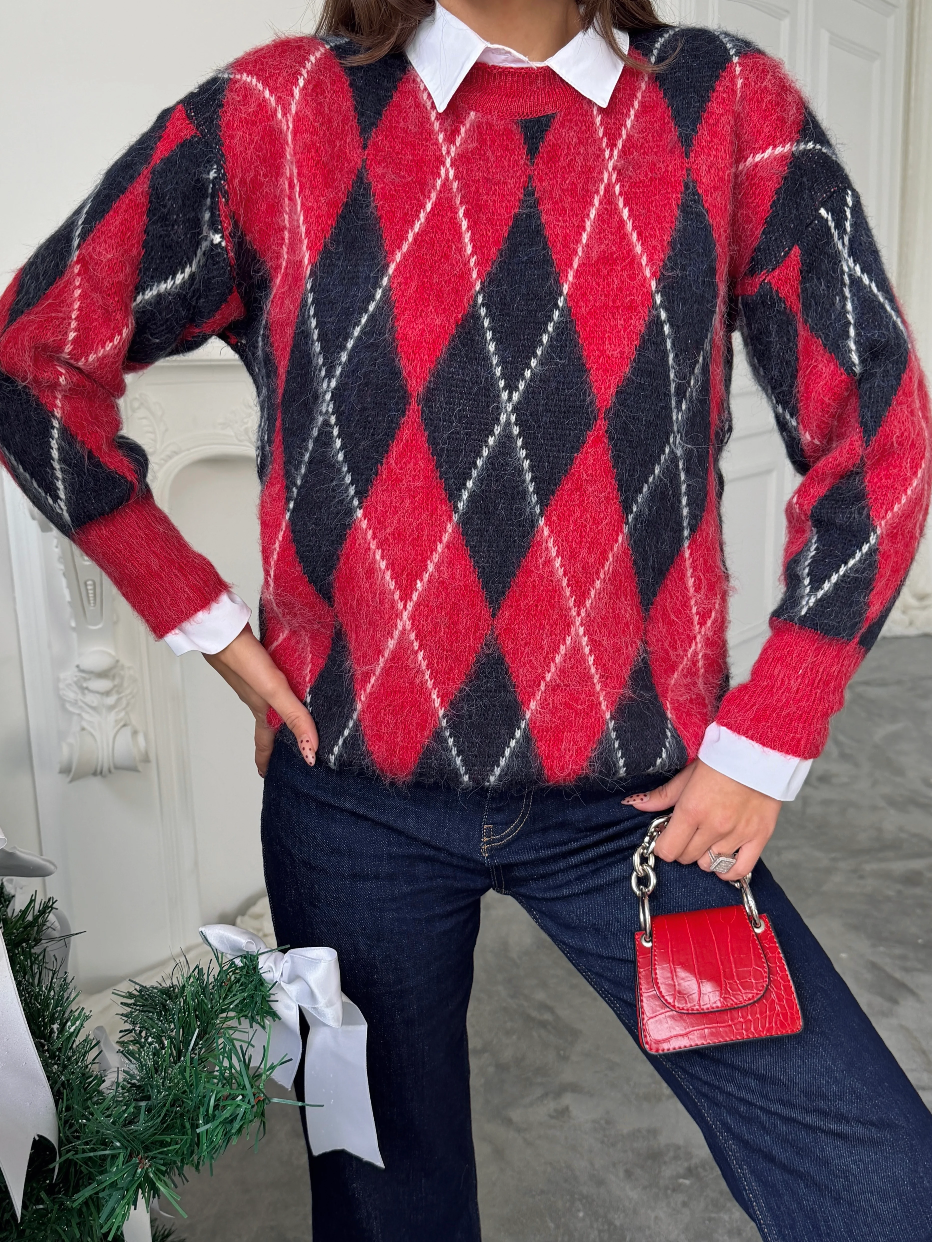 Ribanalı Baklava Desen Kazak - Kırmızı