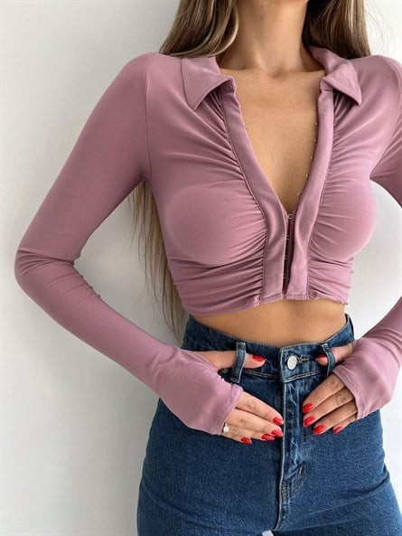 Kopça Detay Polo Yaka Sandy Bluz Gül Kurusu