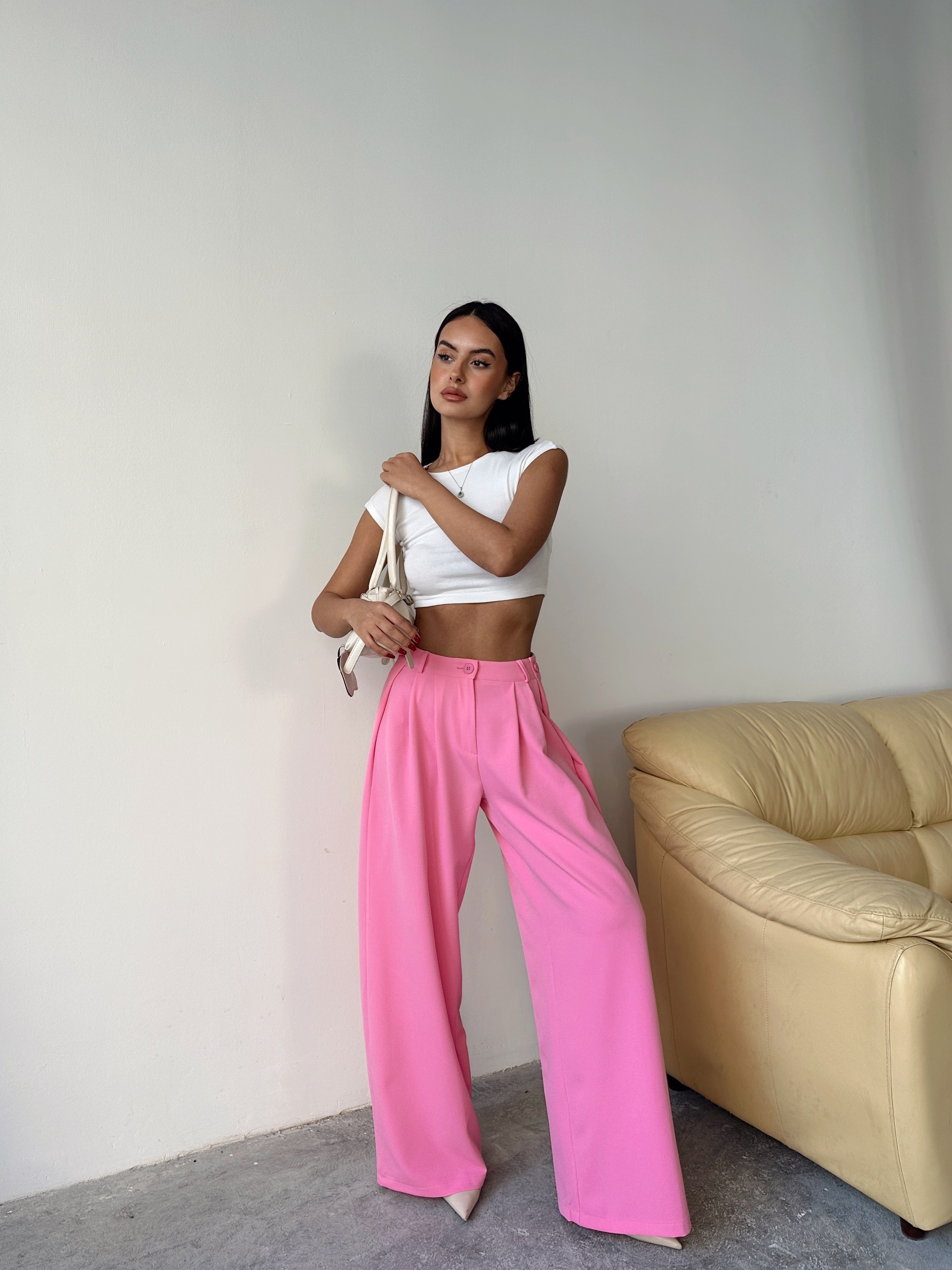 Yandan Katlama Düğme Detay Palazzo - Pembe