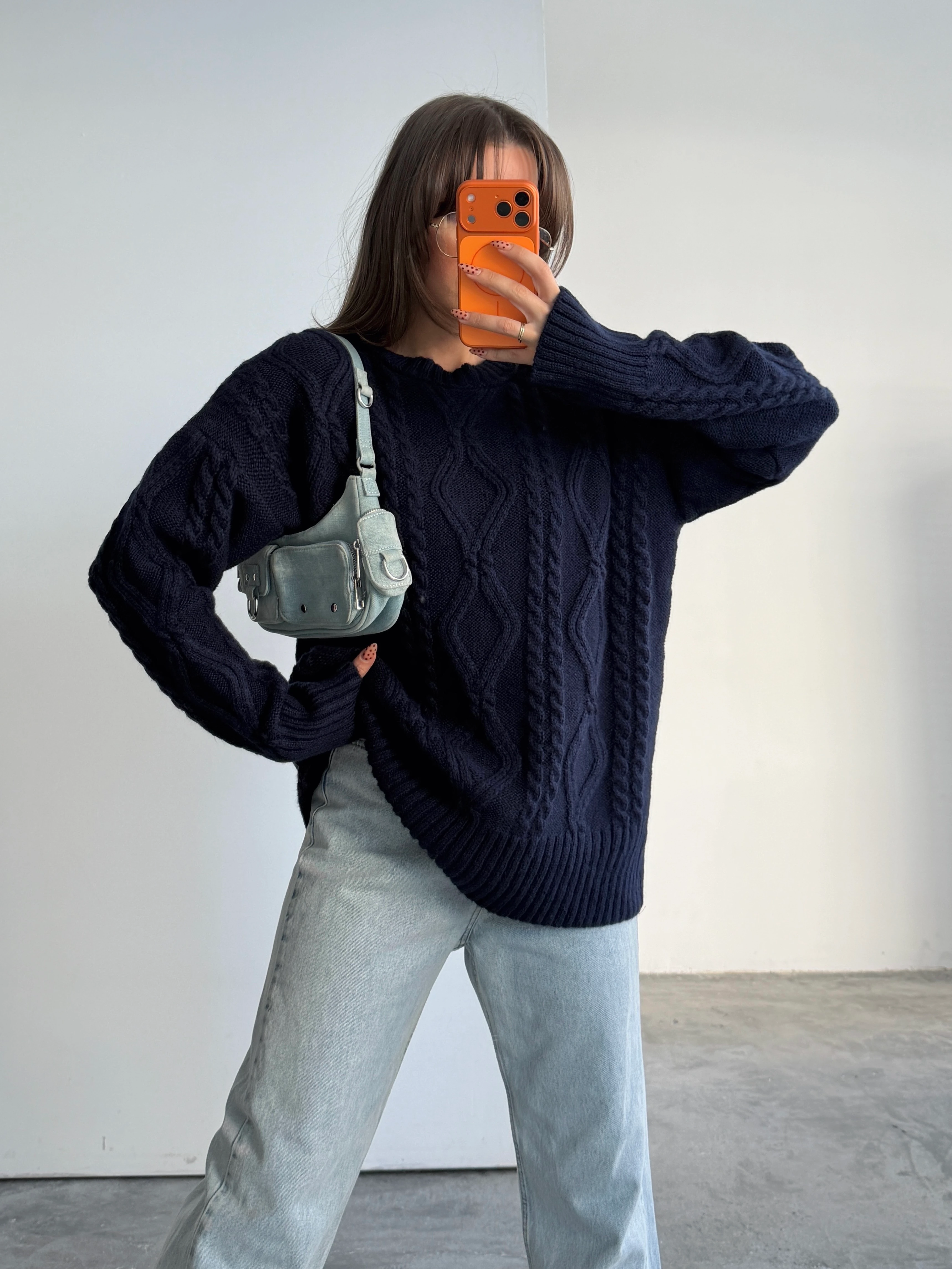 Saç Örgü Desenli Yıkamalı Triko - Lacivert