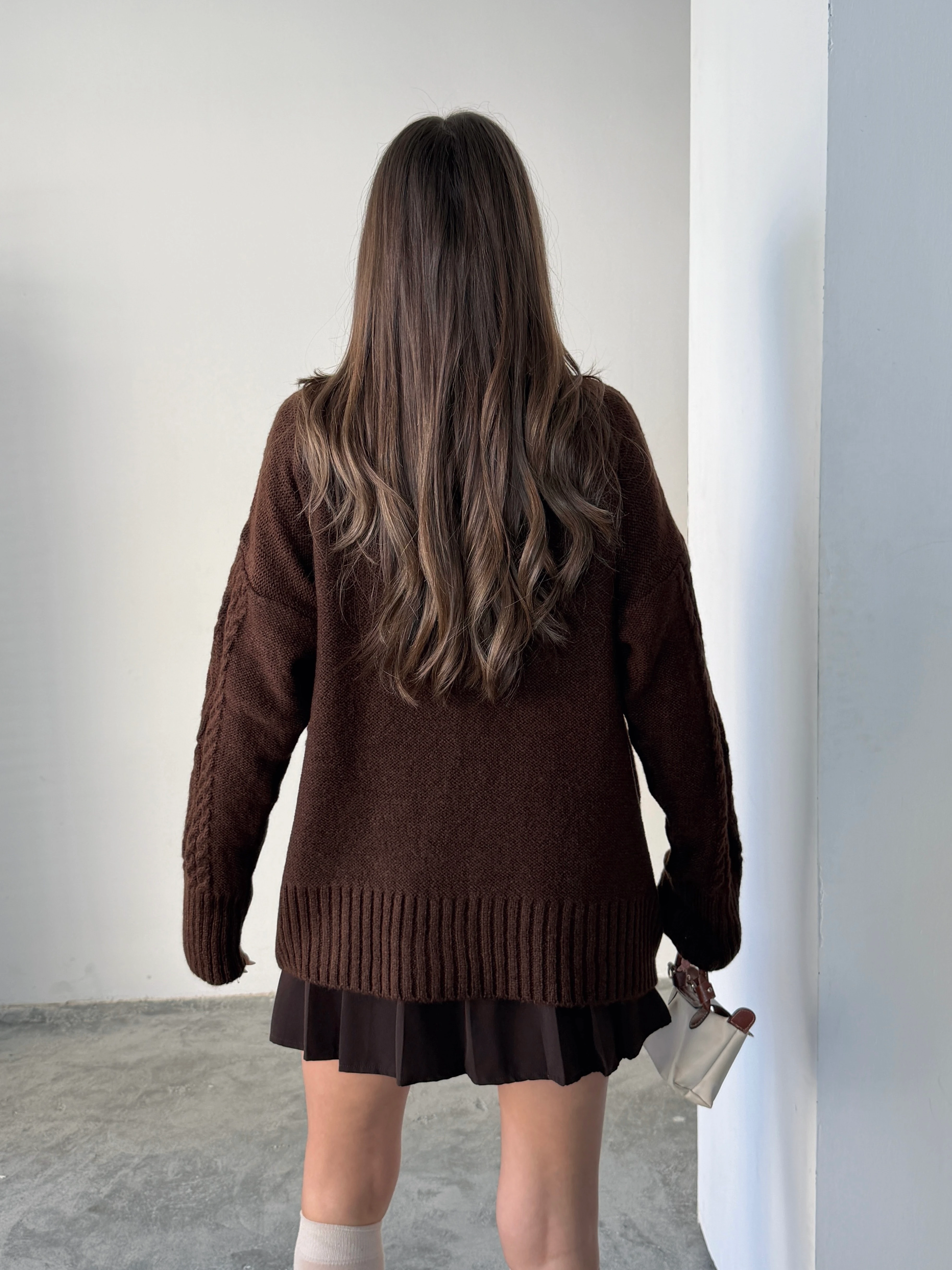 Saç Örgü Desenli Yıkamalı Triko - Acı kahve