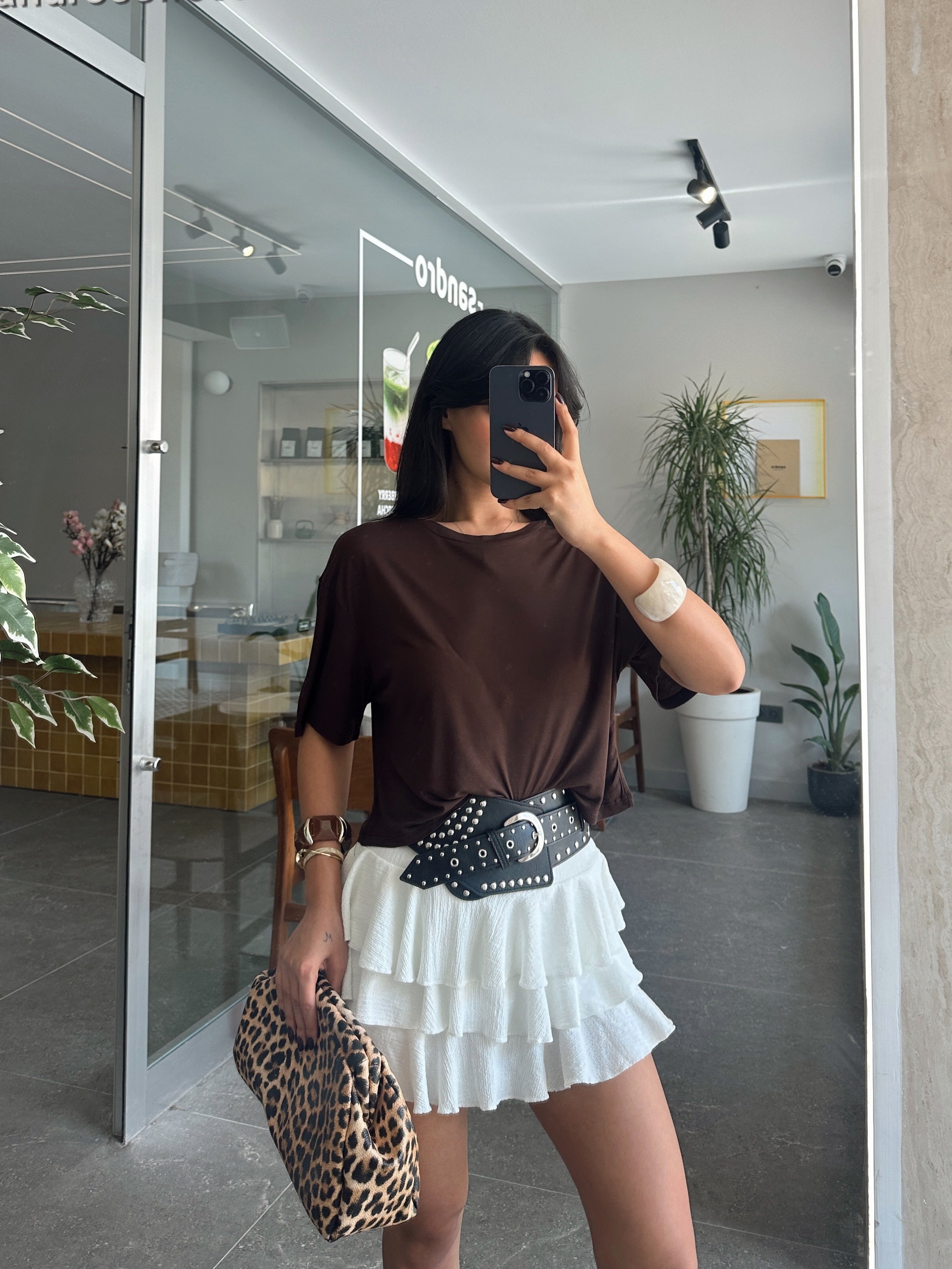 Düz Kısa Kol Crop Basic - Kahve