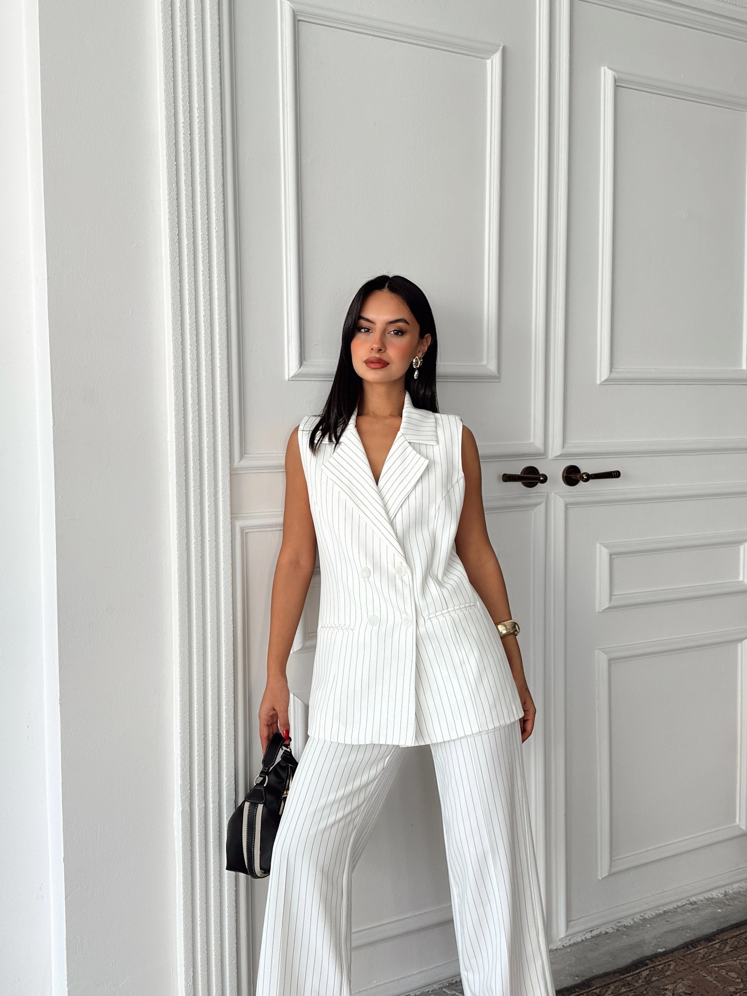 Ceket Yaka Line Yelek - Ekru