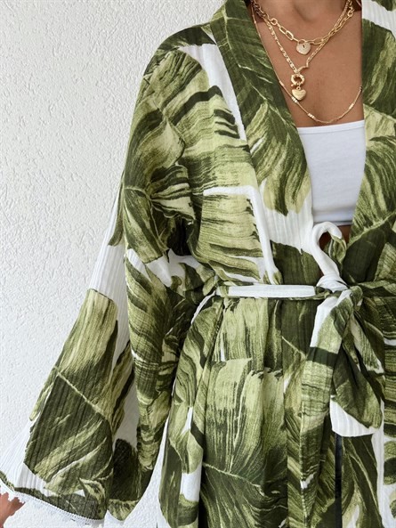 Dokuma Desenli Kimono Yeşil-Ekru