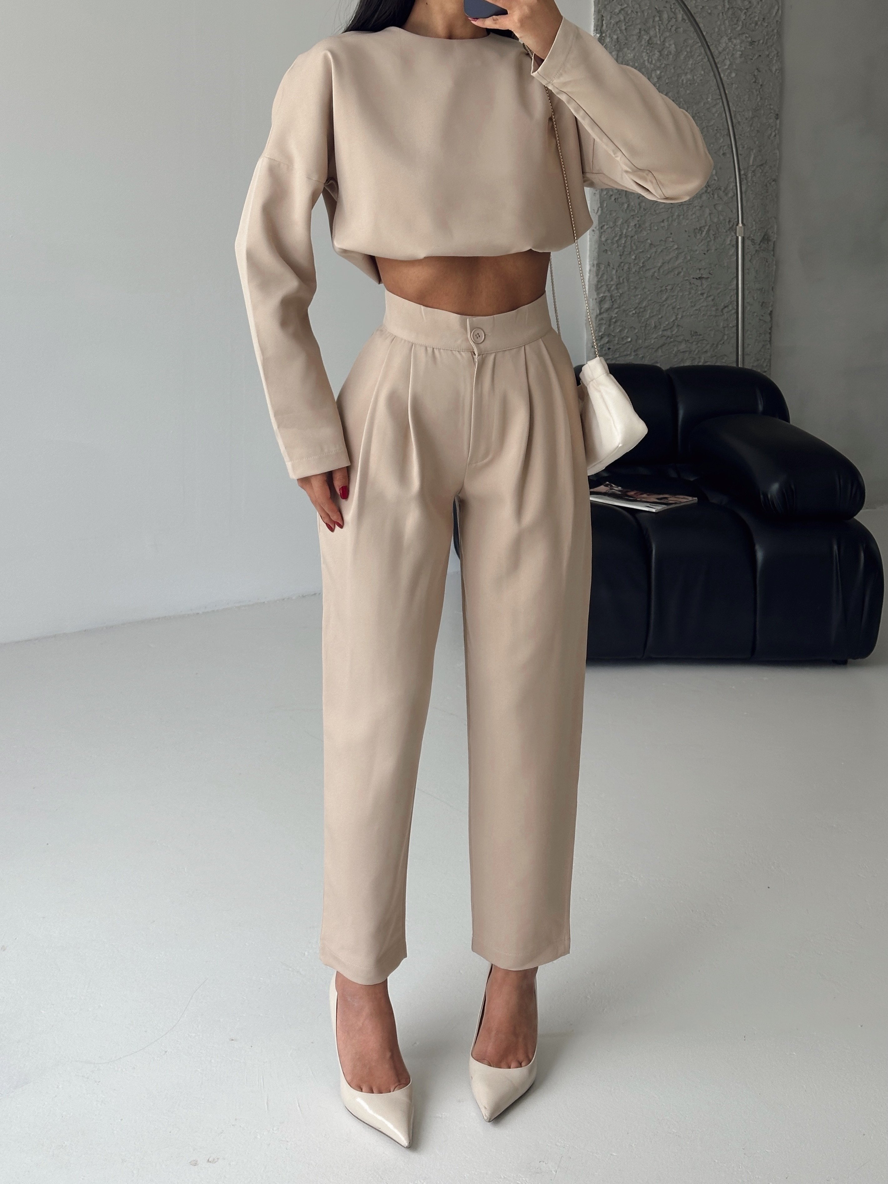 Petra Crop Pantolon Takım Bej