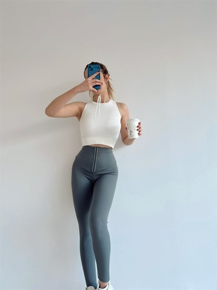 Seamless Halter Yaka Spor Crop Ekru