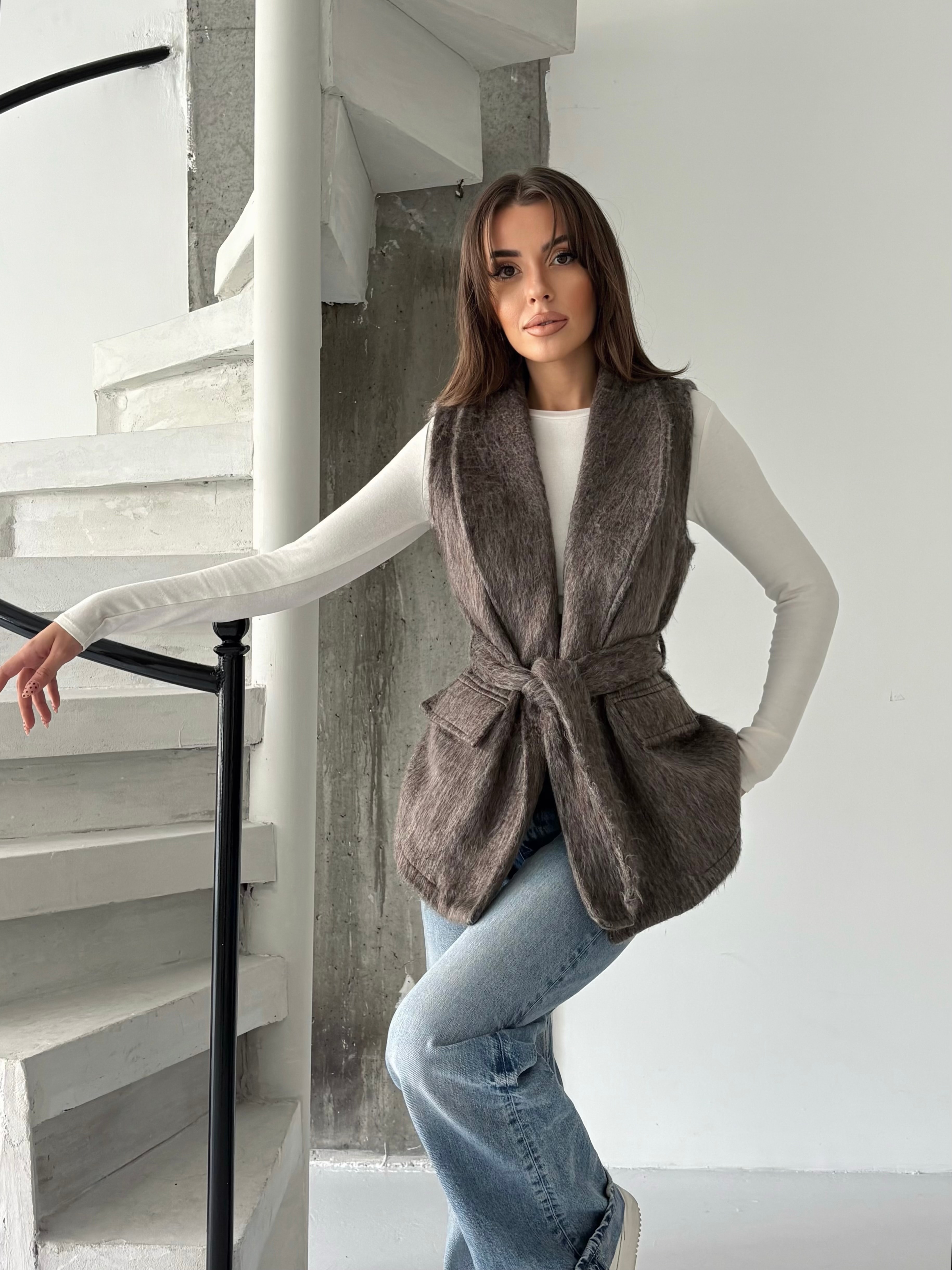 Kırçıllı Kuşaklı Yelek - Kahve