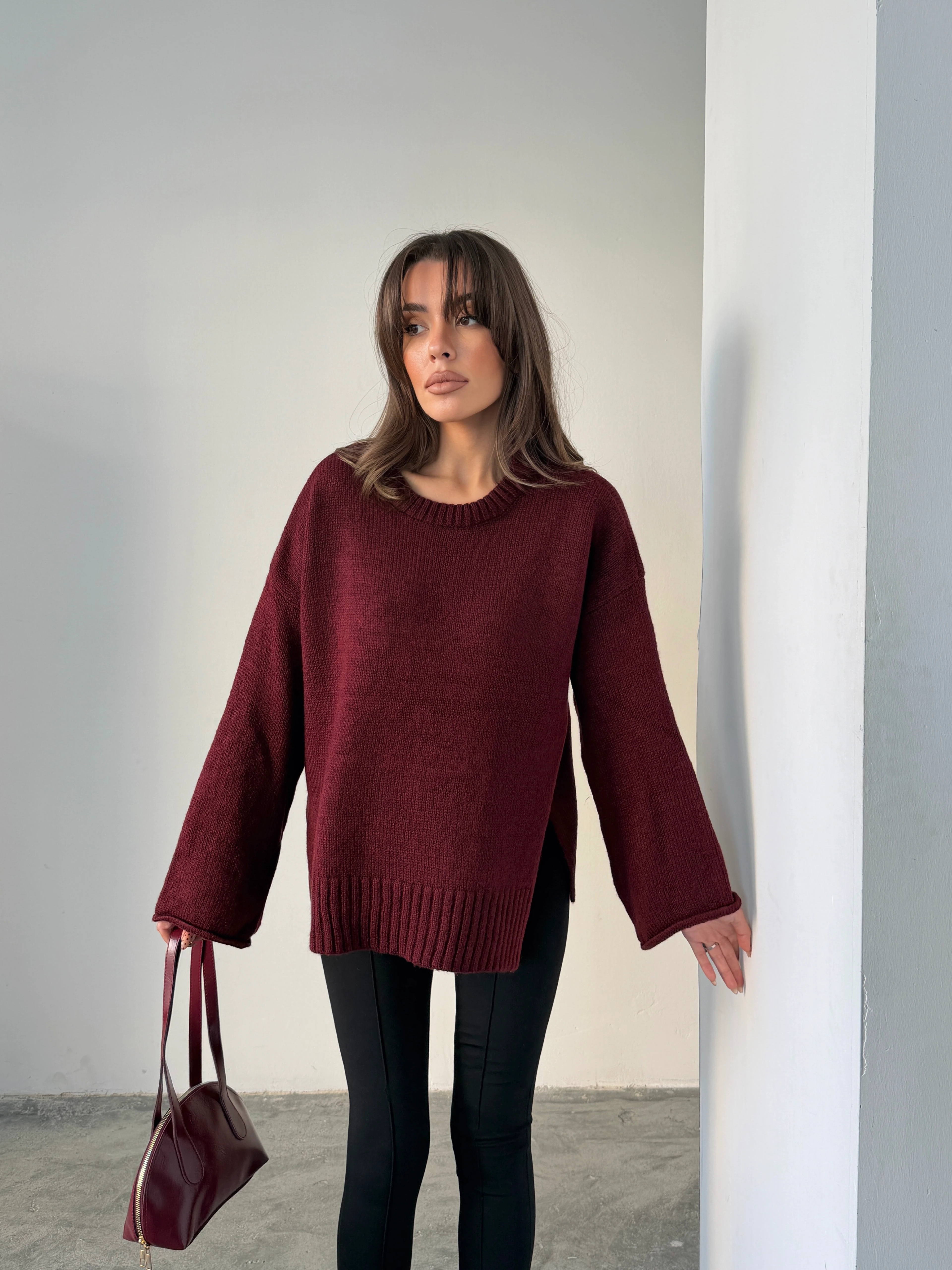 Yırtmaçlı Basic Triko  - Bordo