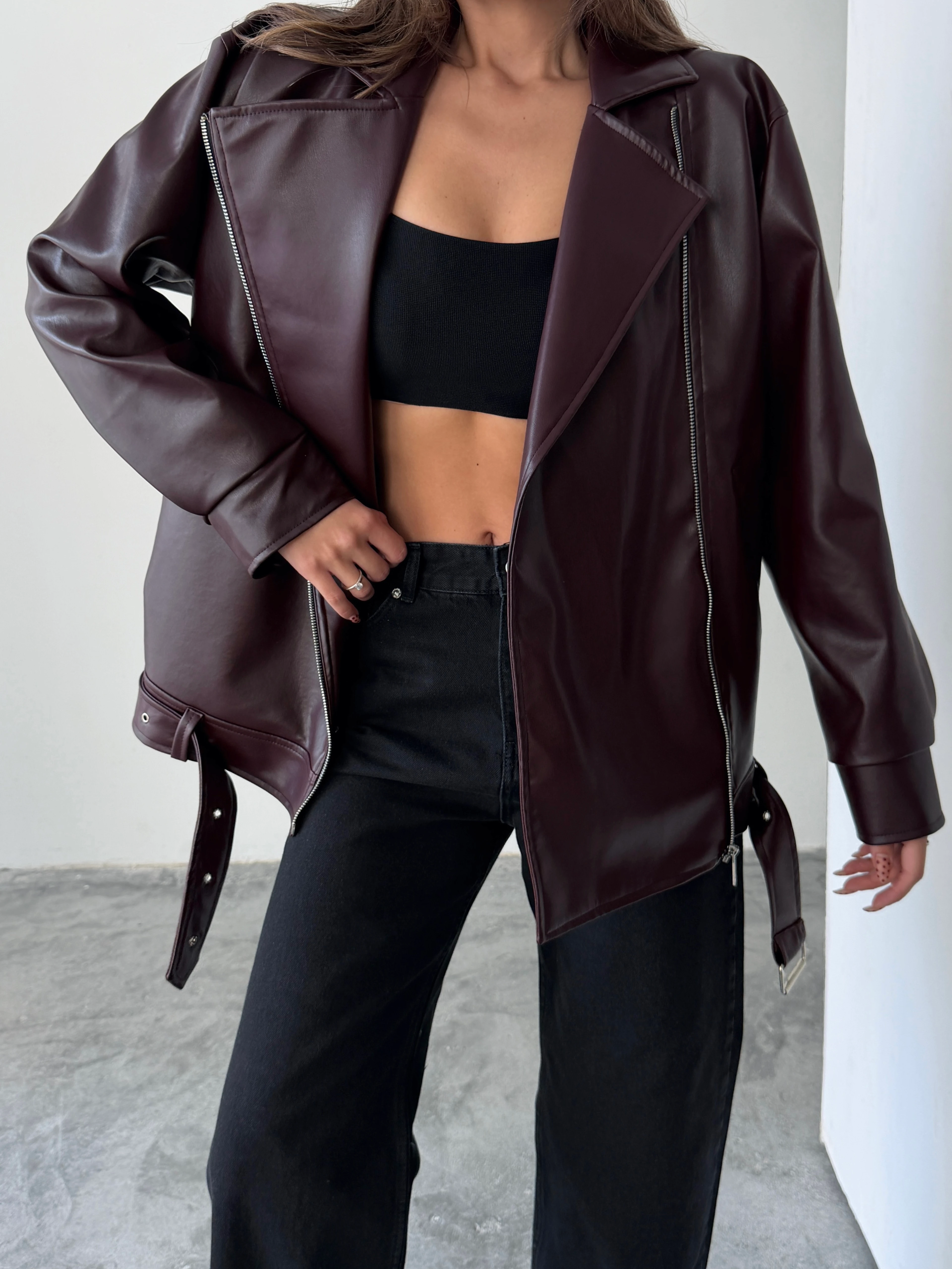 Kemerli Oversize Deri Ceket  - Bordo