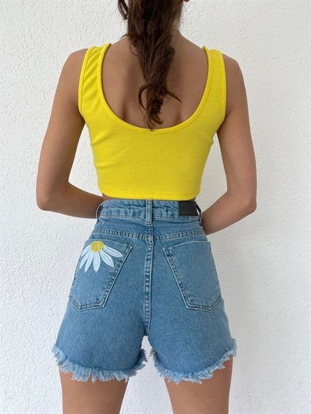 Kalın Askı Basic Crop Top Sarı