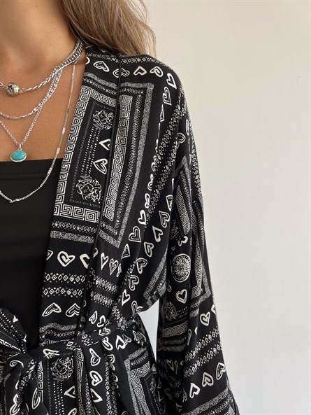 Etnik Desen Kimono Siyah-Beyaz