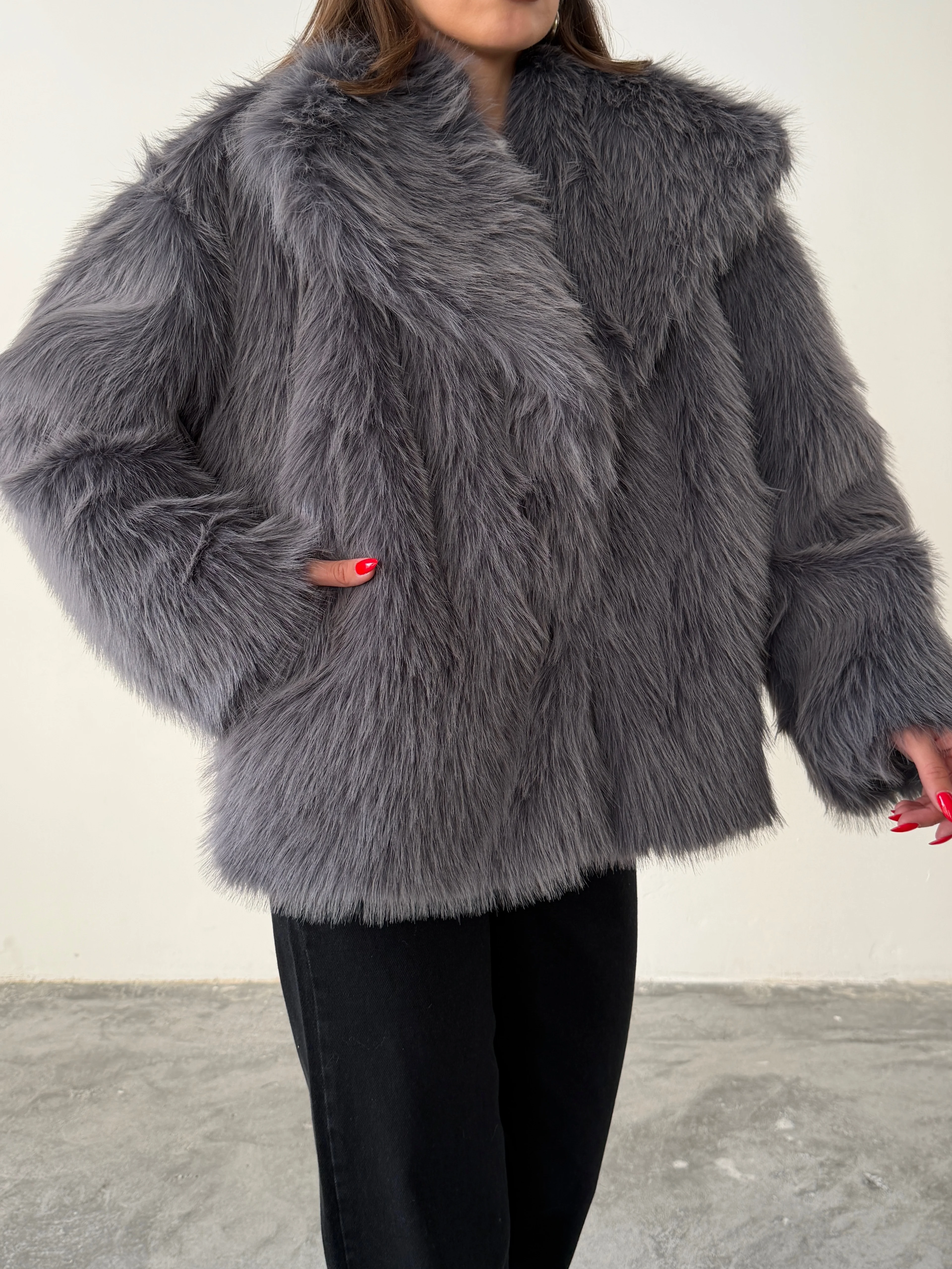 Çıtçıtlı Suni Kürk Ceket - Antrasit