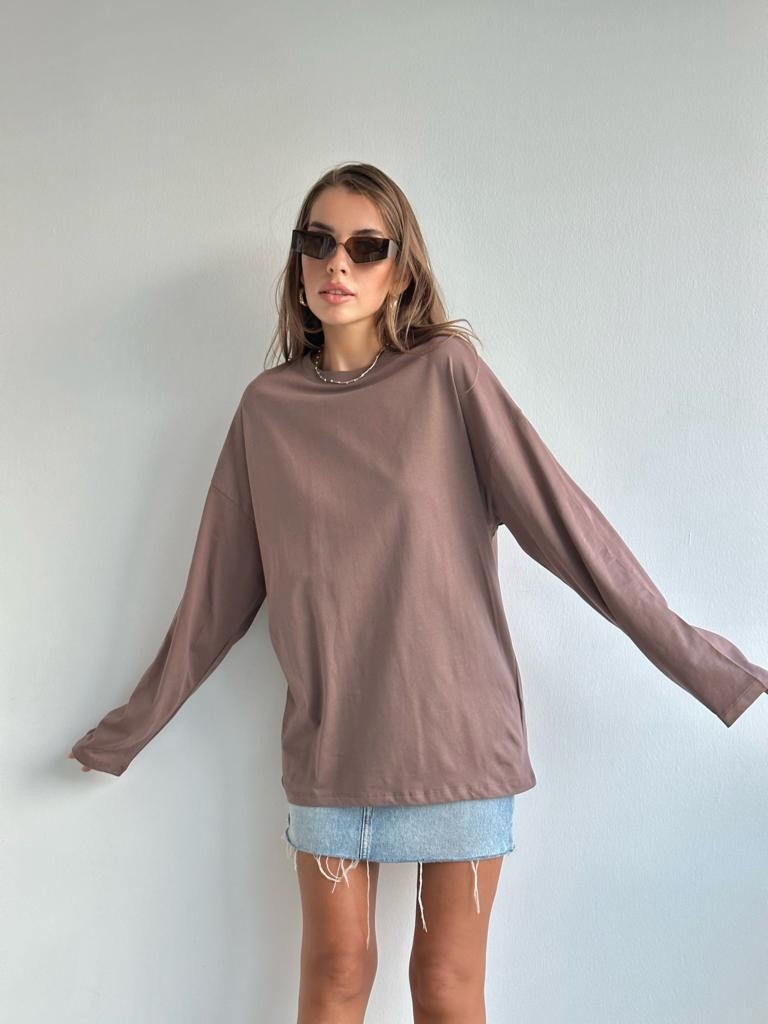 Pamuklu Uzun Kollu Oversize Tshirt Sütlü Kahve