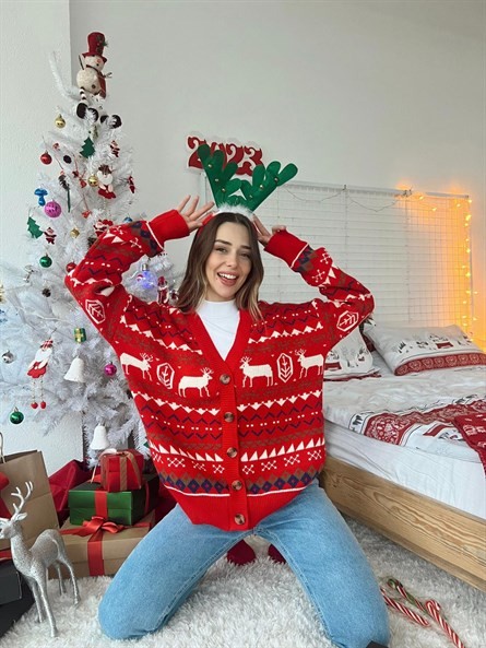 Christmas Çoklu Desen Geyikli Triko Hırka Kırmızı