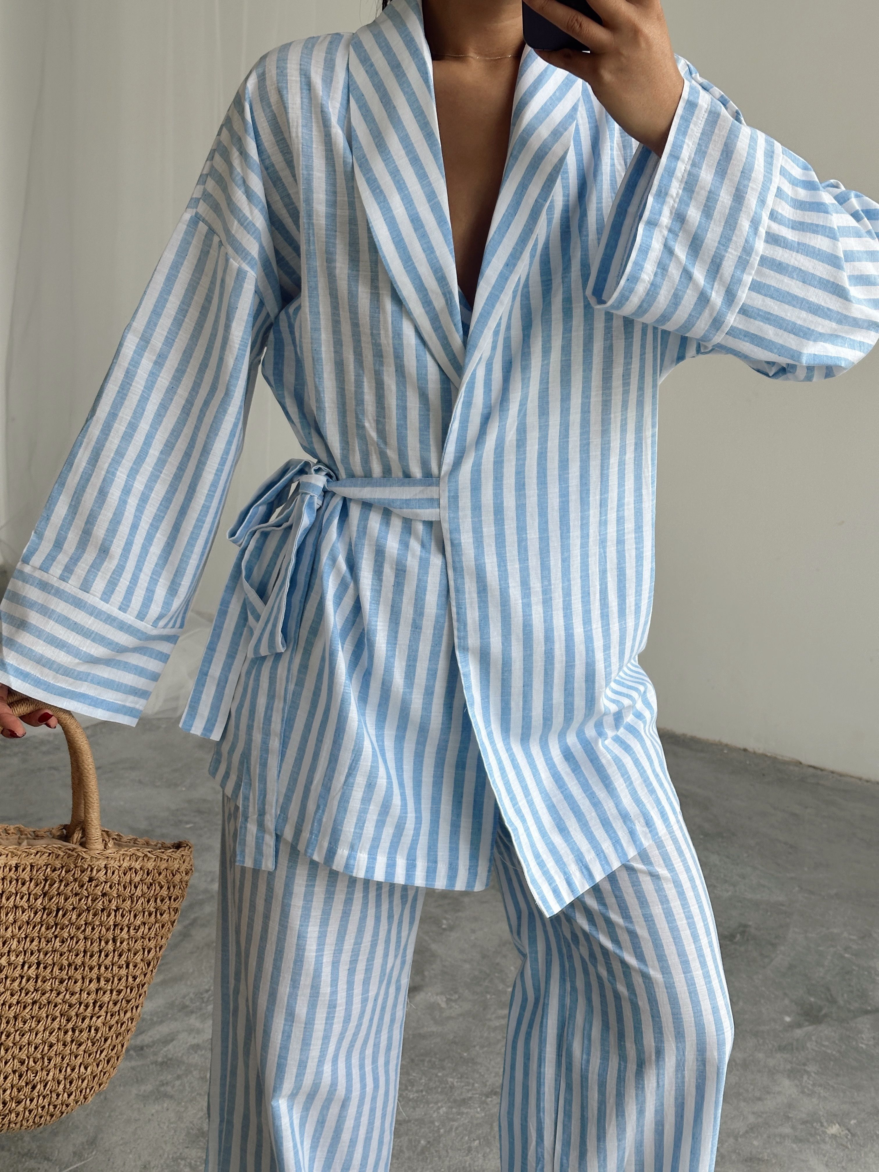 Çizgili Kimono Takım  - Mavi