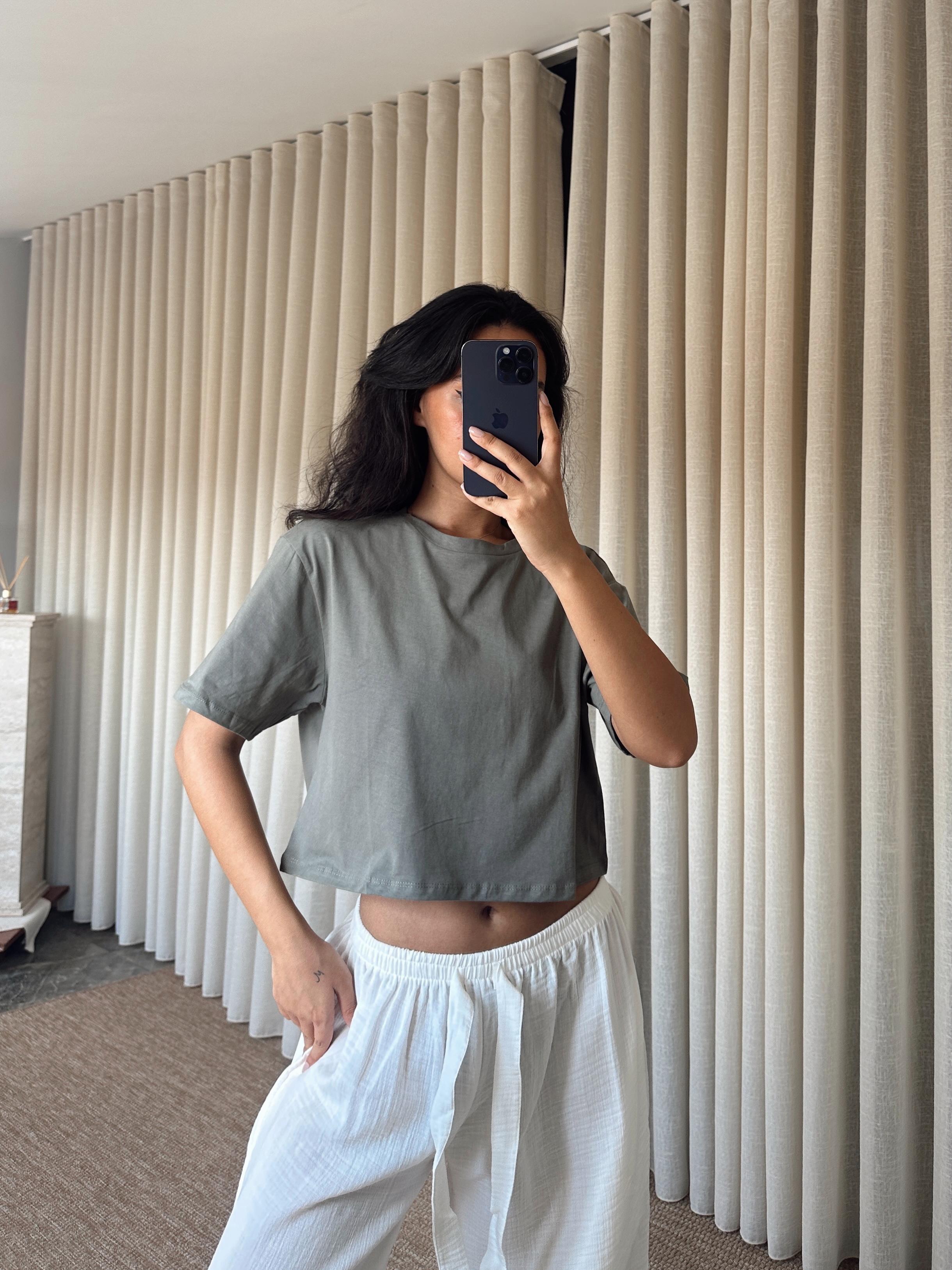 Düz Kısa Kol Crop Basic - Haki